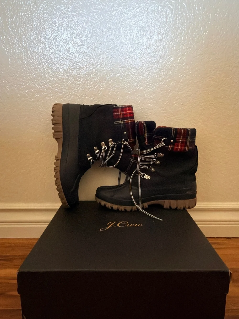 J. Crew Black Lace-Up Ankle Boots with Red Plaid Cuff and Tan Lug Sole